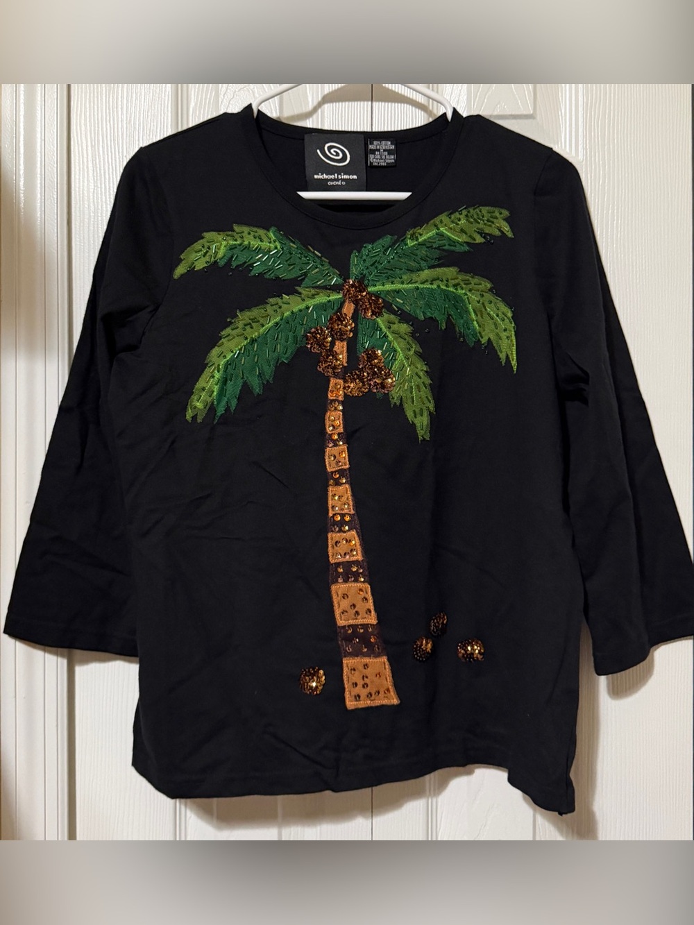 Michael Simon Event Womens Palm Tree Embellished Top Medium Black Art to Wear